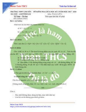Đề kiểm tra giữa học kỳ I môn Toán Lớp 8 - Năm học 2017-2018 - Trường THPT Chuyên Hà Nội - Amsterdam (Có đáp án)